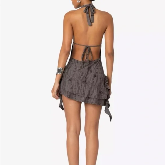 Women’s Edikted Shredded Backless Halter Mini Dress Deep V-Neck Grunge Small - Picture 2 of 16